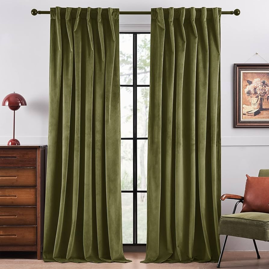 Topfinel Olive Green Velvet Curtains Semi Blackout Curtains 108 Inches Long, Rod Pocket Back Tab ... | Amazon (US)