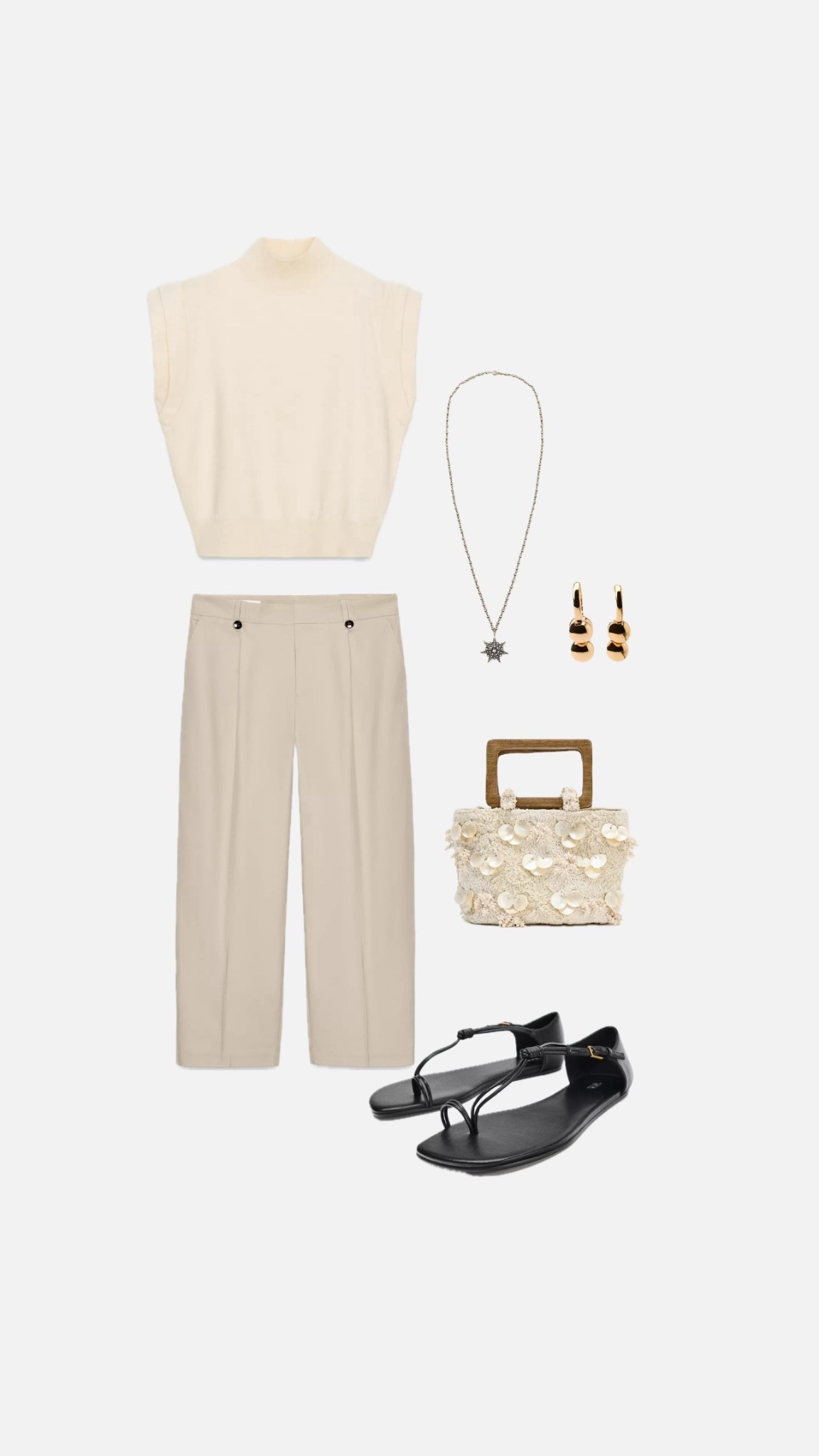 Spring outfit with beige knit top with padded shoulders and straight leg chino trousers, flat toe black sandals, 

#LTKstyletip #LTKFashionMonth #LTKspring