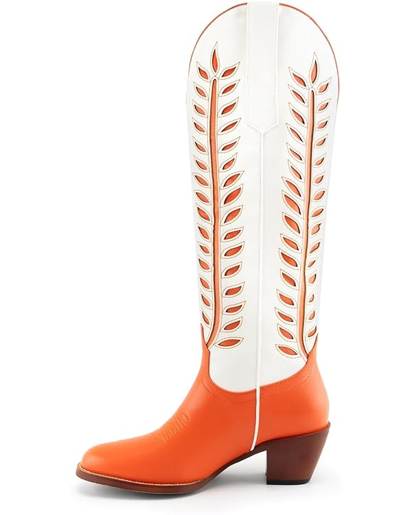 DREAMCIA Women's Knee High Boots Cowboy Boots for Women Wide Calf Chunky Heel Fashion Stylish Emb... | Amazon (US)