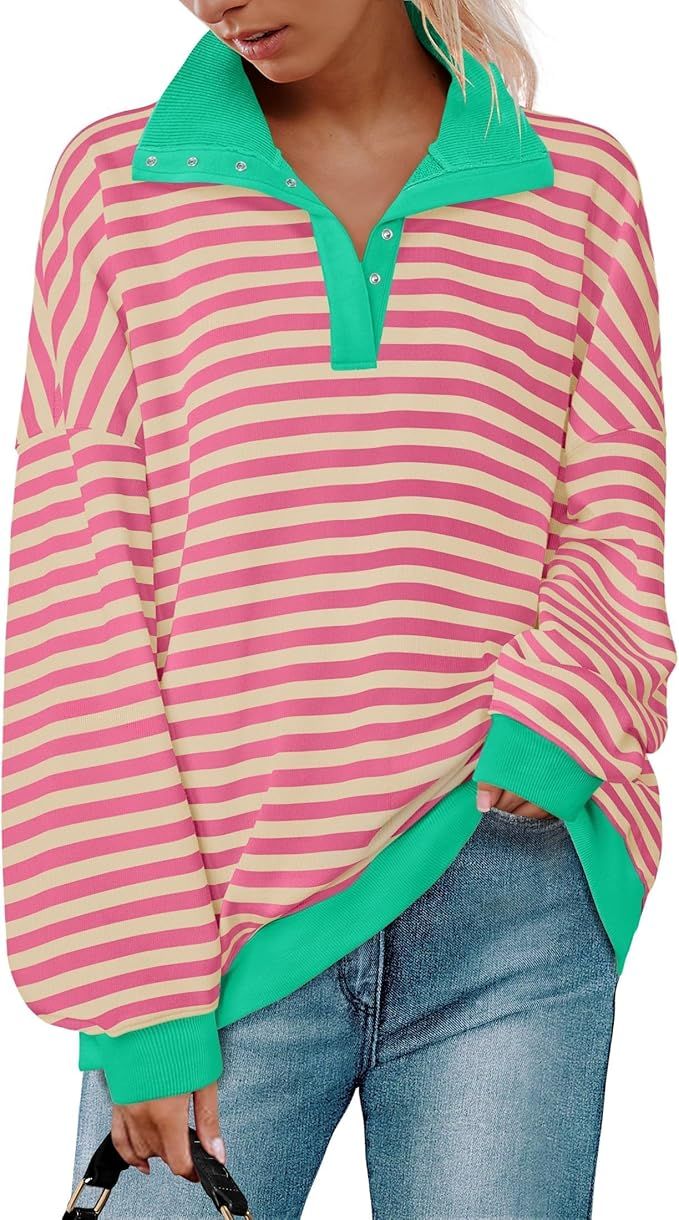 ZESICA Sweatshirts for Womens Long Sleeve Lapel V Neck Striped Oversized Tops | Amazon (US)