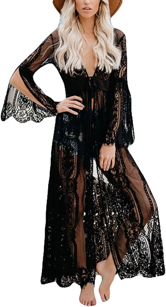 AILUNSNIKA Women Sexy Chiffon/Rayon Open Front Kimono Cardigan Long Swimsuit Cover Up | Amazon (US)