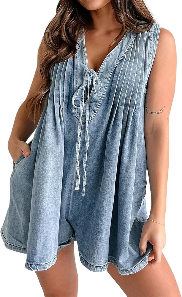 utcoco Womens Summer Casual Sleeveless Denim Romper Tie Front V Neck Jean Overall Shorts Romper W... | Amazon (US)
