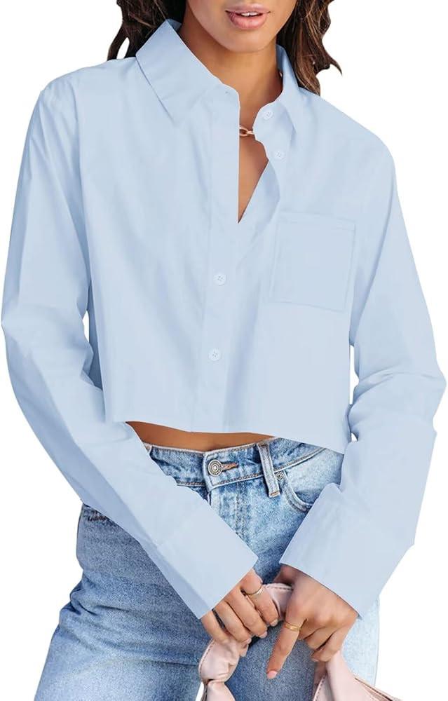 BONITEE Women Cropped Long Sleeve Button Down Shirts Spring Fall Casual Button Up Crop Blouses Se... | Amazon (US)