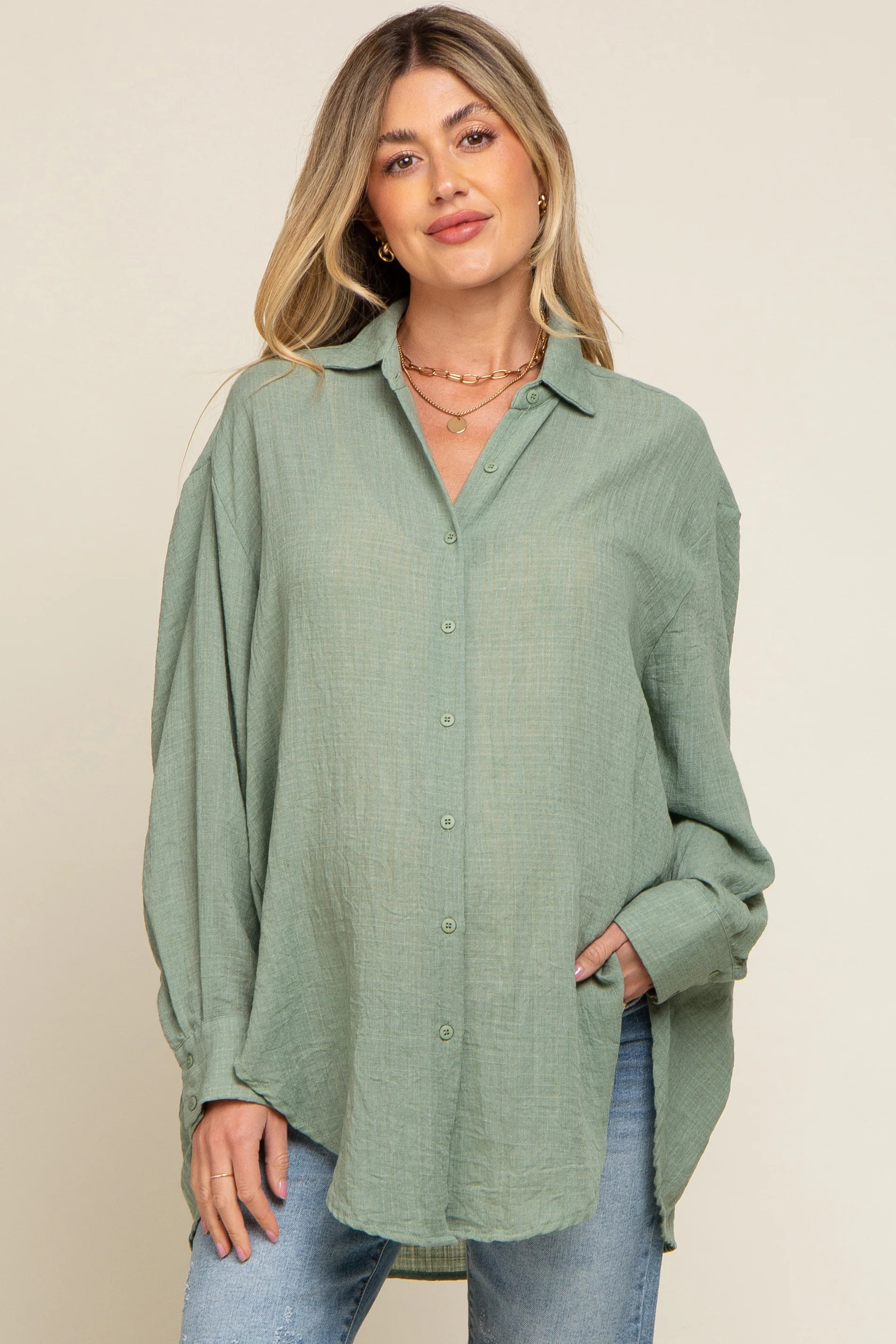 Green Lightweight Sheer Button Down Maternity Blouse | PinkBlush Maternity