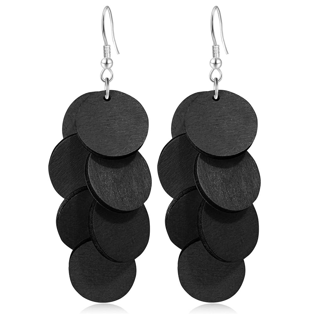 Handmade Bohemian Wooden Round Geometry Dangle Drop Earrings Long Chain Wood Disc Circle Hook Ear... | Amazon (US)