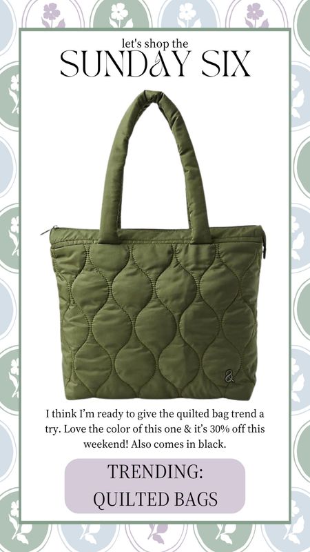 Quilted bags are all the rage and I think I’m ready to give them a try! Love this olive green tote bag, also comes in black. Currently on sale for 30% off! 

Classic style, fall bag, purse, preppy, casual, everyday, mom style #bag #purse #tote #fallfashion #sale 

#LTKunder100 #LTKitbag #LTKsalealert