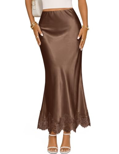 MEROKEETY Women's 2026 Fashion Satin Lace Trim Business Casual Maxi Skirts | Amazon (US)