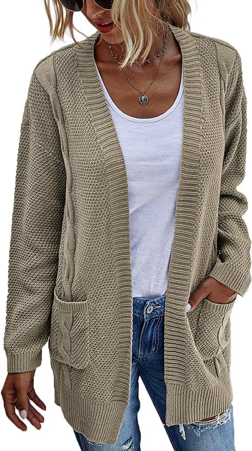 Hibluco Women's Long Sleeve Knit Sweater Open Front Cardigan Outwear with Pockets | Amazon (US)