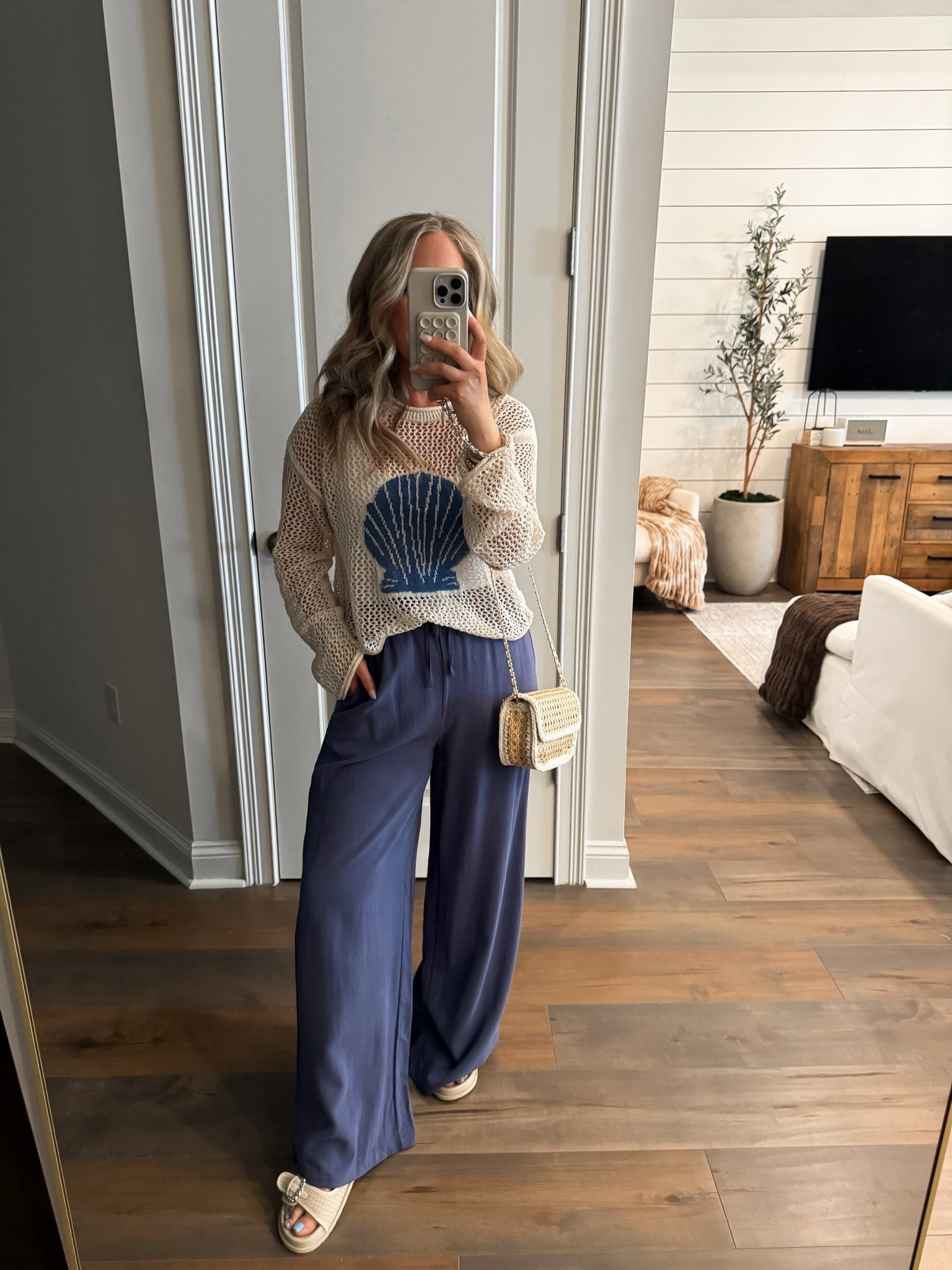 Target fashion target finds spring outfit summer outfit Memorial Day weekend outfit mdw outfit July 4th outfit 
Crochet shell sweater linen pants size small