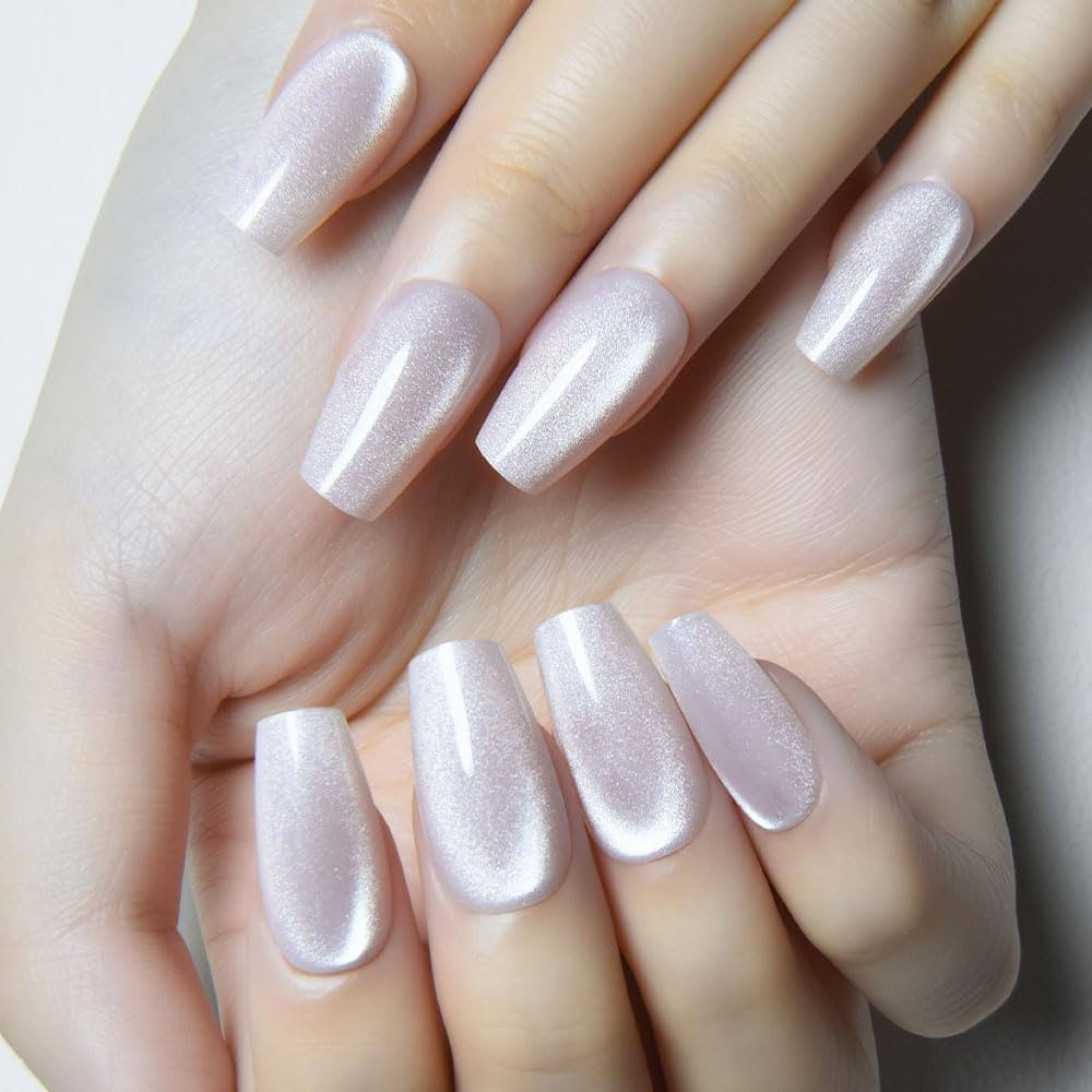 evpct Pearl White Nude Cat Eye Coffin Press on Nails Square Medium, Stick on Nail Medium Square f... | Amazon (US)