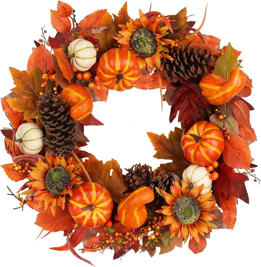 Fall Wreaths for Front Door, DECSPAS 24" Fall Wreath with Artificial Maple Leaves Pumpkin Sunflow... | Amazon (US)