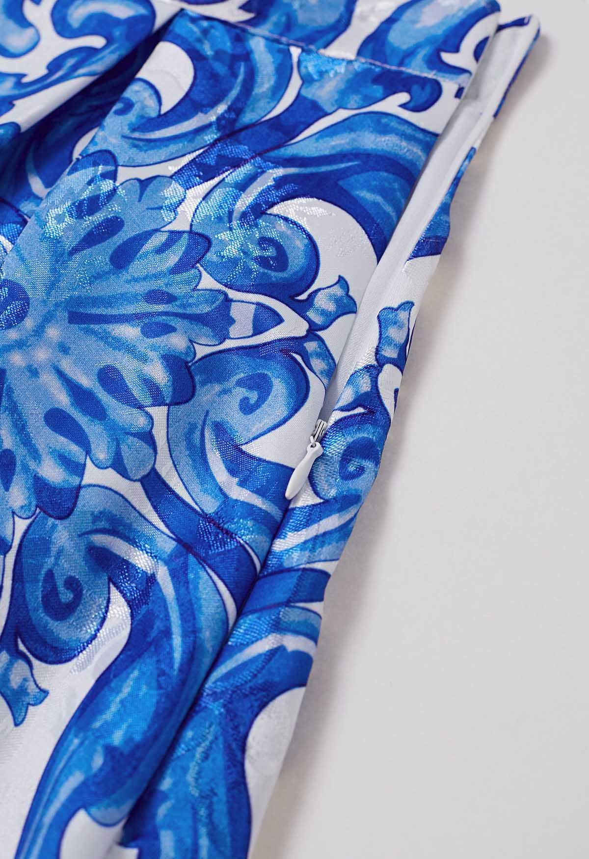 Blue Tile Jacquard Pleated A-Line Midi Skirt | Chicwish