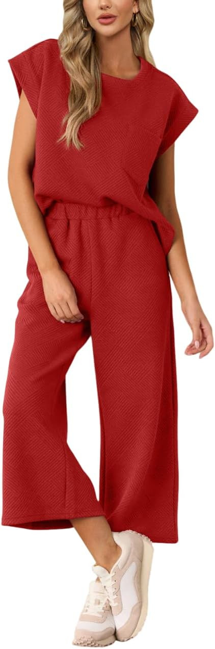 AGSEEM Two Piece Sets for Women Summer Short Sleeve Lounge Sets Cropped Wide Pants Outfits Lounge... | Amazon (US)