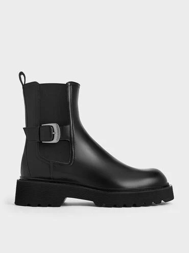 Black Side-Buckle Ridged-Sole Chelsea Boots | CHARLES & KEITH UK | Charles & Keith UK