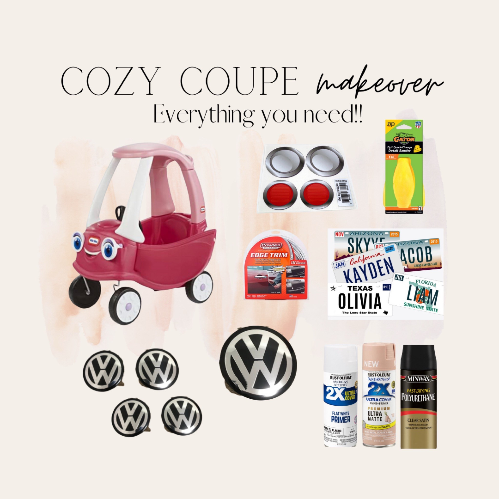 Everything you’ll need for a VW bus cozy coupe makeover! Upcycle old toys and make them beautiful again! I’ve linked every item from Amazon, Walmart, and Etsy (for custom items). Not all of these items are required but some are absolutely necessary. I’ll post a before and after of my cozy coupe makeover soon! Waiting on some accessories to come in. First birthday gift! 

Cozy coupe, toy makeover, summer project, kid gift ideas 

#LTKfamily #LTKbaby #LTKkids
