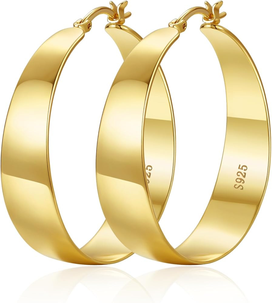 OOOPEL 10mm Wide 925 Sterling Silver Hoops Earrings for Women, 14K Real Gold Plated Hoop Earrings... | Amazon (US)