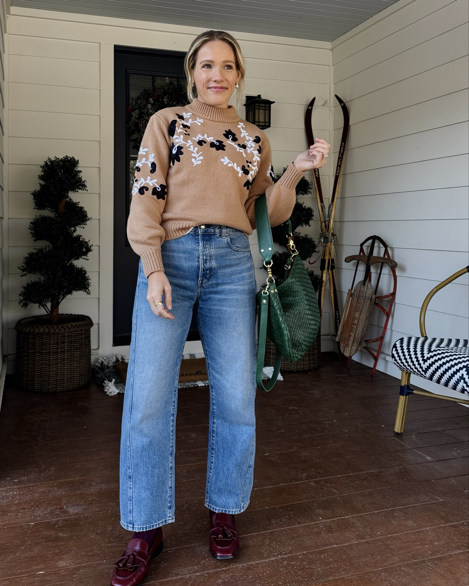 Sized down to xs in Ann Taylor sweater classic length, regular size small in Madewell favorite white tee, Clare V Moyen messenger in evergreen & new flower charm, Heaven Mayhem silver earrings (similar) J.Crew loafers few sizes left linked similar styles, Madewell pieced jeans true to size wearing standard length (5'3"), eby underwear size up to Medium ~ xo, Claire 

#LTKOver40 #LTKootd #LTKSaleAlert