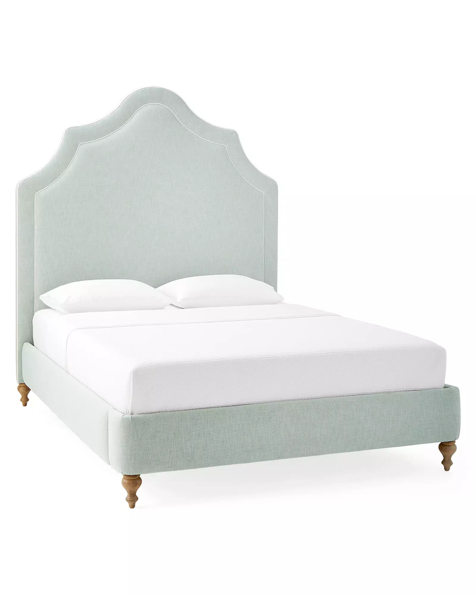 Pondicherry Double Piped Bed in Perpetua Performance Cotton Seaglass with White Piping | Serena and Lily