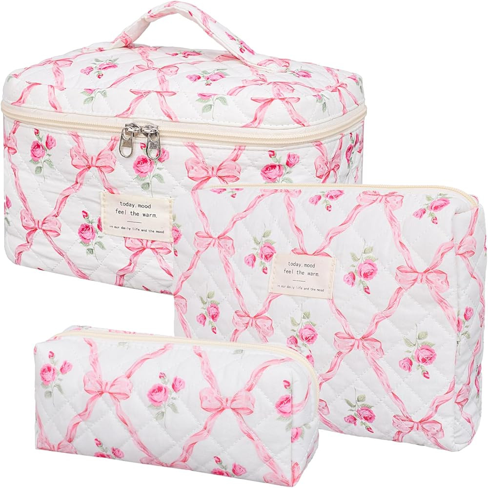 Large Makeup Bag,Quilted Makeup Bag Set,Cotton Coquette Aesthetic Floral Makeup Pouch for Women, ... | Amazon (US)