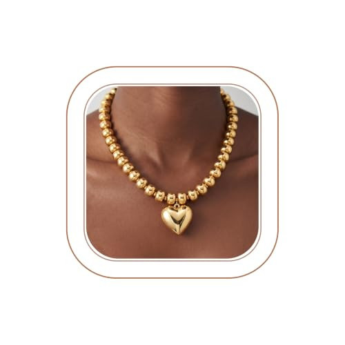 TENTMENTISE Chunky Gold Heart Necklace, Large Round Beaded Necklace | Amazon (US)