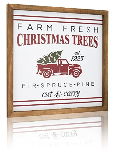 Farm Fresh Christmas Trees Wall Decor Sign, Wood Framed Wall Sign for Christmas Decor, Vintage Trunk Wood Sign - 12 x 12 Inchs | Amazon (US)