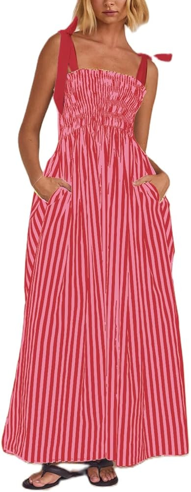 Women Summer Sleeveless Colorful Striped Dresses Spaghetti Strap Long Flowy Maxi Dress Boho A Lin... | Amazon (US)