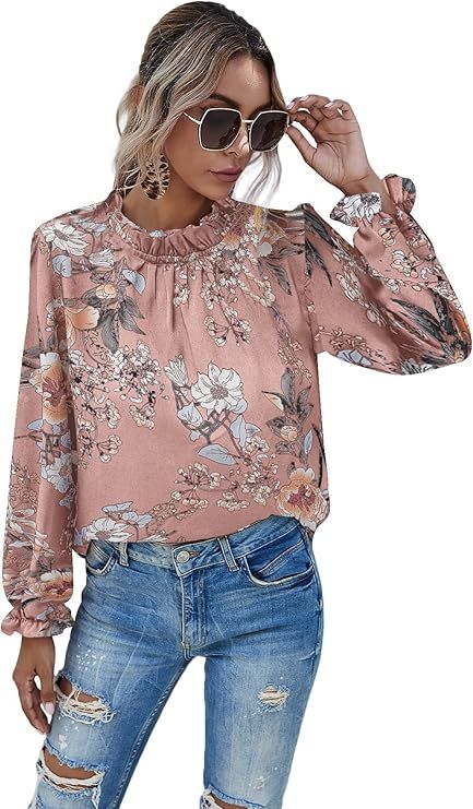 Romwe Women's Floral Print Flounce Long Sleeve Mock Neck Work Blouses Tops | Amazon (US)