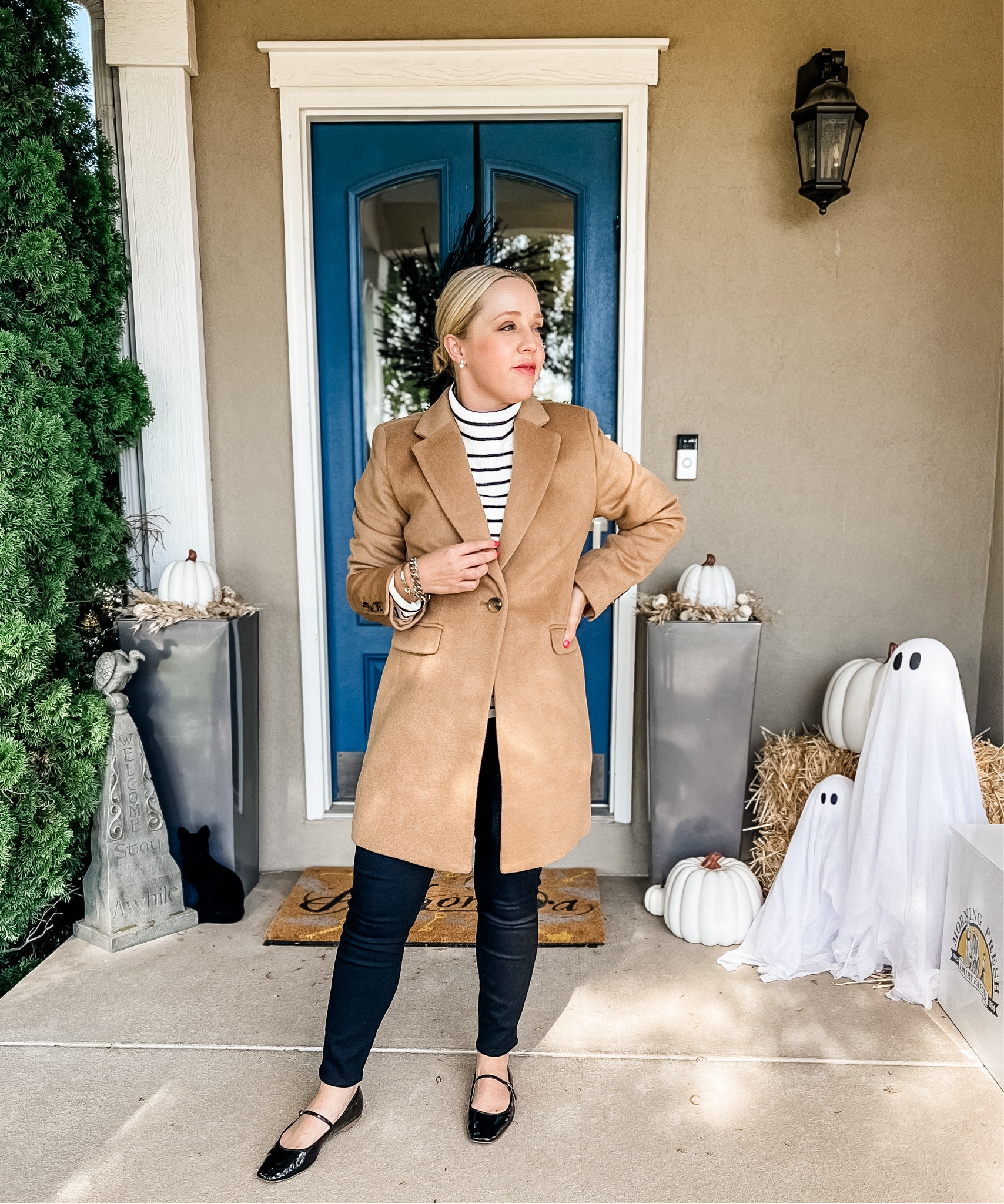 This camel coat is such a great wardrobe stable! Fits tts, wearing small petite. Regular petite jeans were too snug and I went with 4 petite curvy fit instead. Sized down to xs in this striped sweater.
Fall outfit. Petite. Fall fashion. Halloween. Fall coat. Camel coat. 

#LTKHalloween #LTKSaleAlert