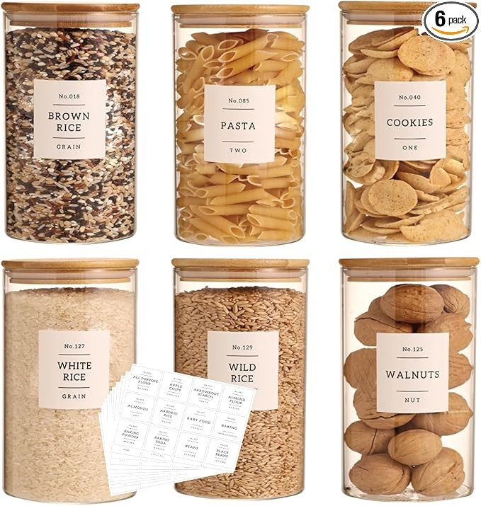 6 Pack Glass Jar with Airtight Bamboo Lid and White 132 Kichen Pantry Labels Preprinted - 28 Oz C... | Amazon (US)