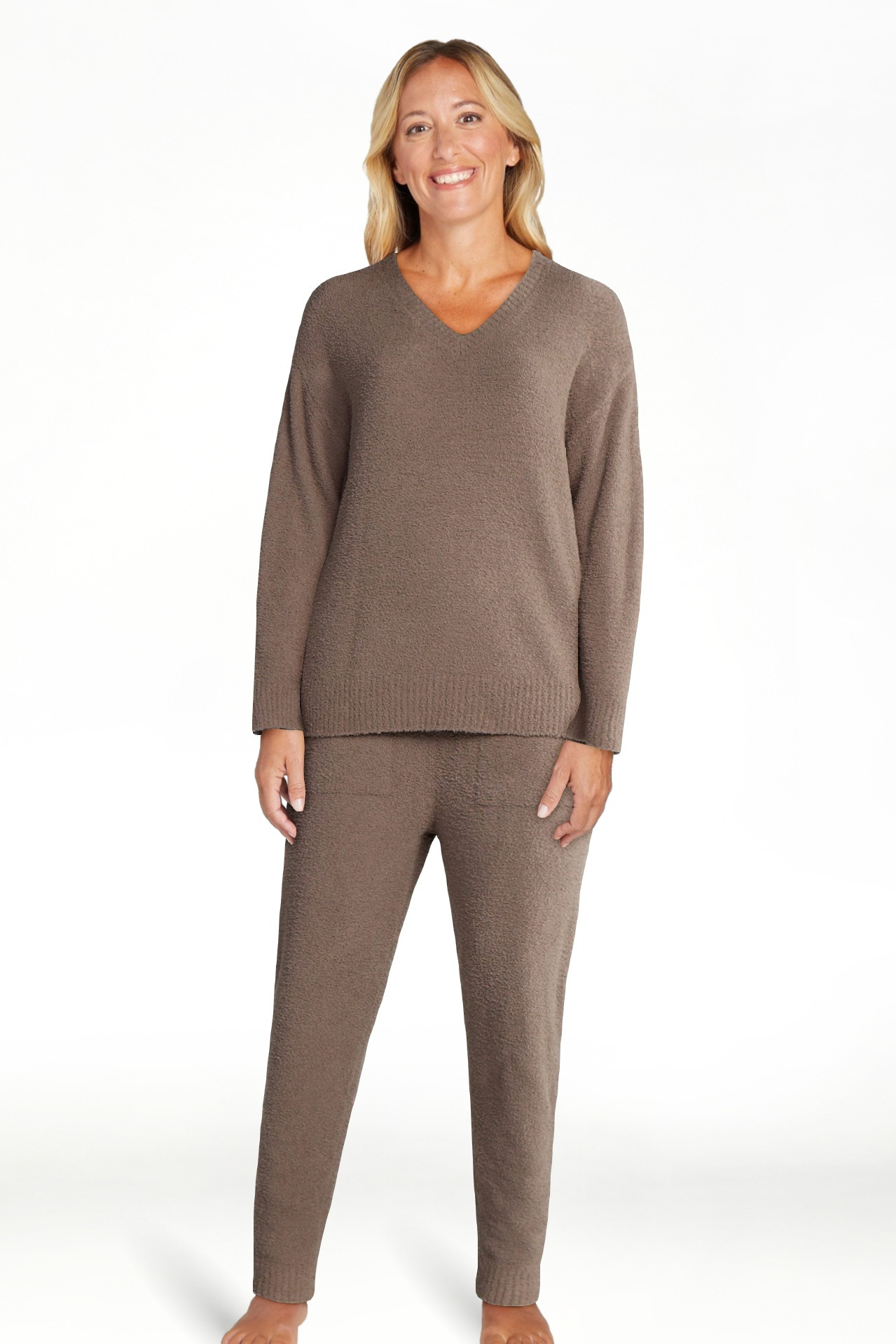 Joyspun Women's Fuzzy Knit V-Neck Top and Joggers Set, 2-Piece, Sizes XS-3X | Walmart (US)