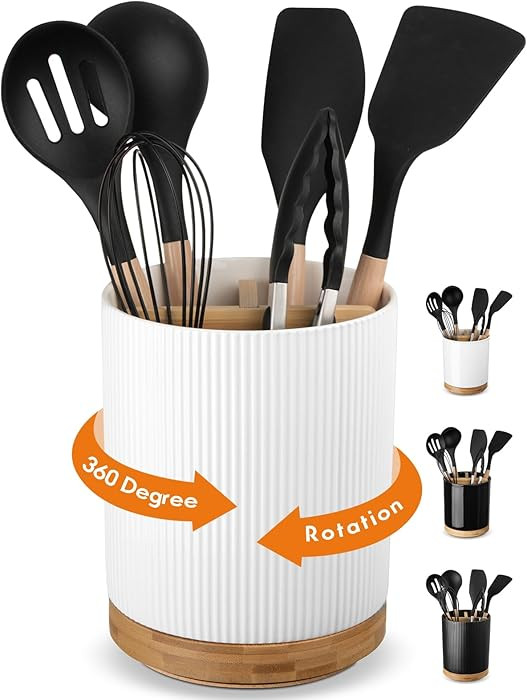 LoeJan 3 Compartment Utensil Holder, 7.2" Extra Large Utensil Crock, Stable Ceramic Utensil Organ... | Amazon (CA)