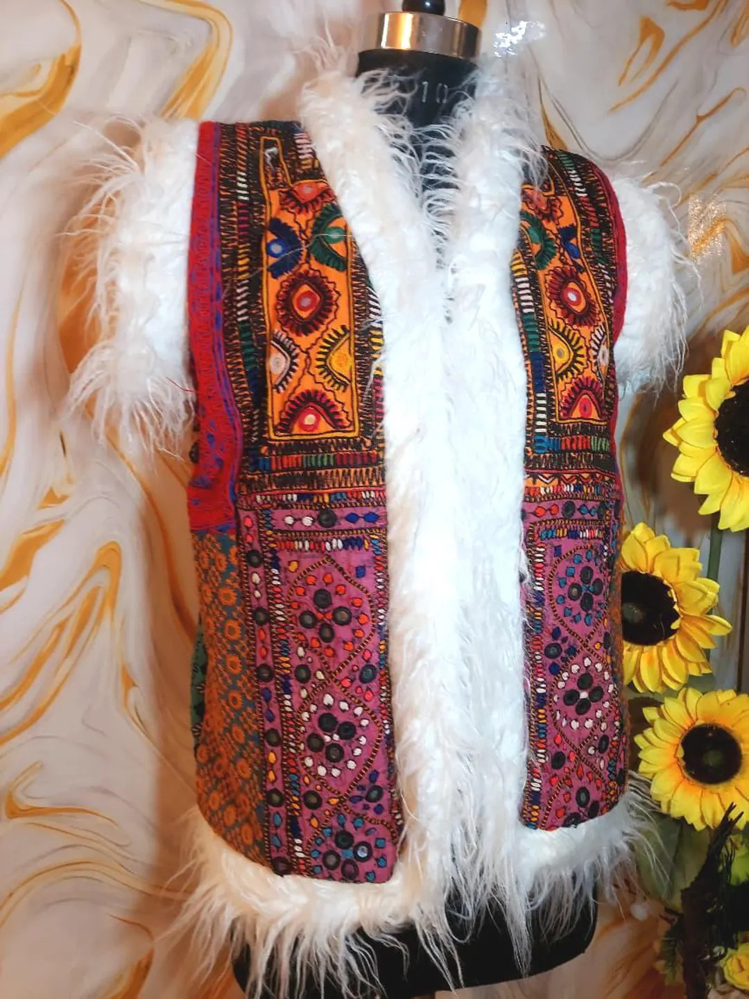 Vintage Banjara Vest: Embroidered Patchwork Afghan Jacket with Faux Fur | Etsy (US)