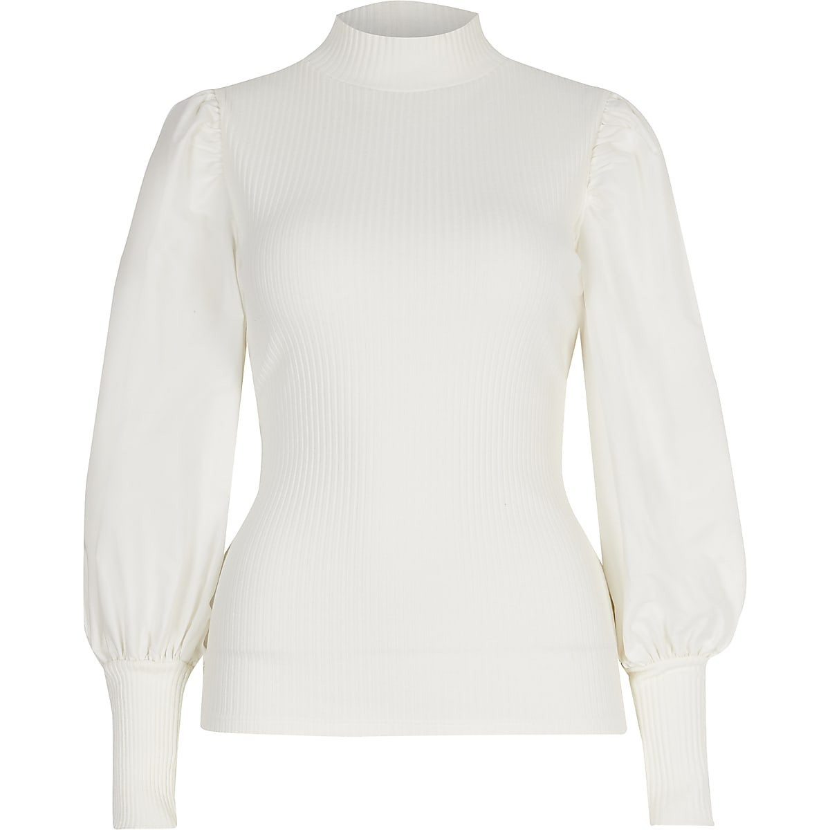 Cream long puff poplin sleeve ribbed top | River Island (UK & IE)