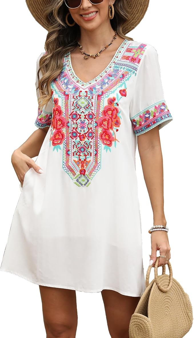 Grosy Fiesta Embroidered Mexican Dress for Women Beach Vacation Plus Size Short Sleeve Summer Boh... | Amazon (US)