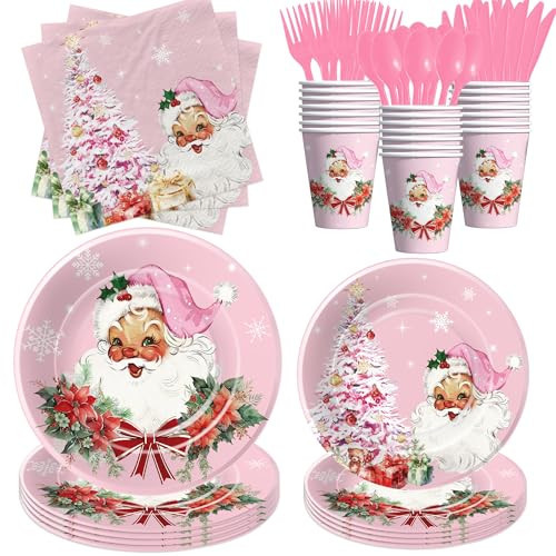 YJRJSC Pink Christmas Party Decorations, Merry Xmas Santa Claus Snowflake Party Supplies, Paper Plates, Cups, Napkins, Cutlery, Christmas Tree Decorations Holiday Disposable Tableware Girl, Serves 24 | Amazon (US)