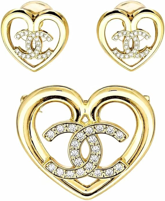 Gold-Tone Heart Shape Brooch and Stud Earrings Set, Crystal Embellished, 2-Piece Jewelry Set | Amazon (US)