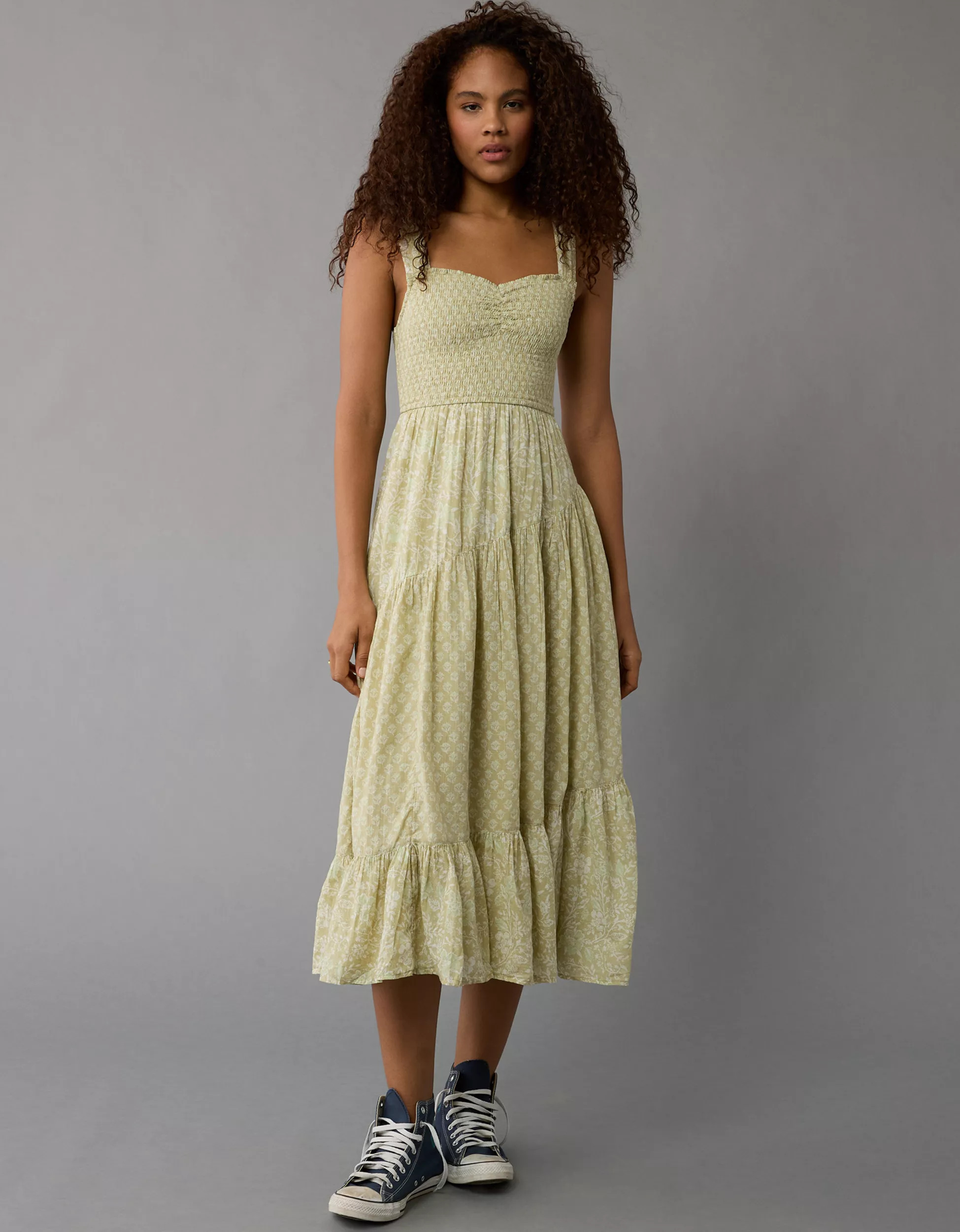 AE Asymmetrical Tiered Midi Dress | American Eagle Outfitters (US & CA)