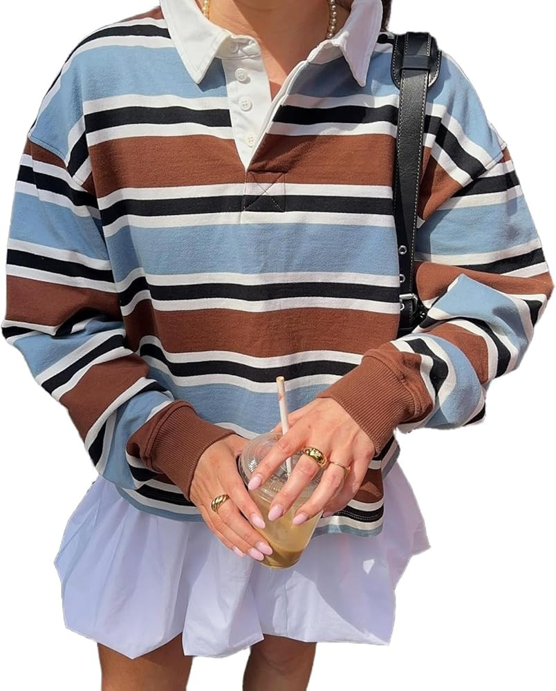 Striped Rugby Polo Shirts Women Y2k Oversized Long Sleeve Sweatshirts Lapel Drop Shoulder Preppy ... | Amazon (US)