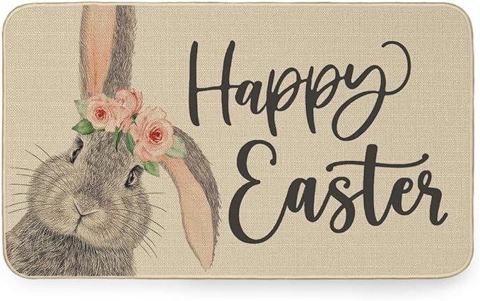 CROWNED BEAUTY Happy Easter Door Mat Bunny Doormat for Indoor Outdoor Decor, Grey Rabbit Holiday ... | Amazon (US)