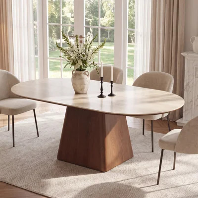 63'' Oval Modern Dining Table with Travertine Sintered Stone Top for 6 People, Easy Assembly | Wayfair North America