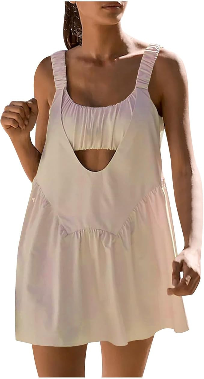 Women Tennis Dress with Built in Shorts and Bra,Sleeveless Casual Summer Backless Golf Dress,Work... | Amazon (US)