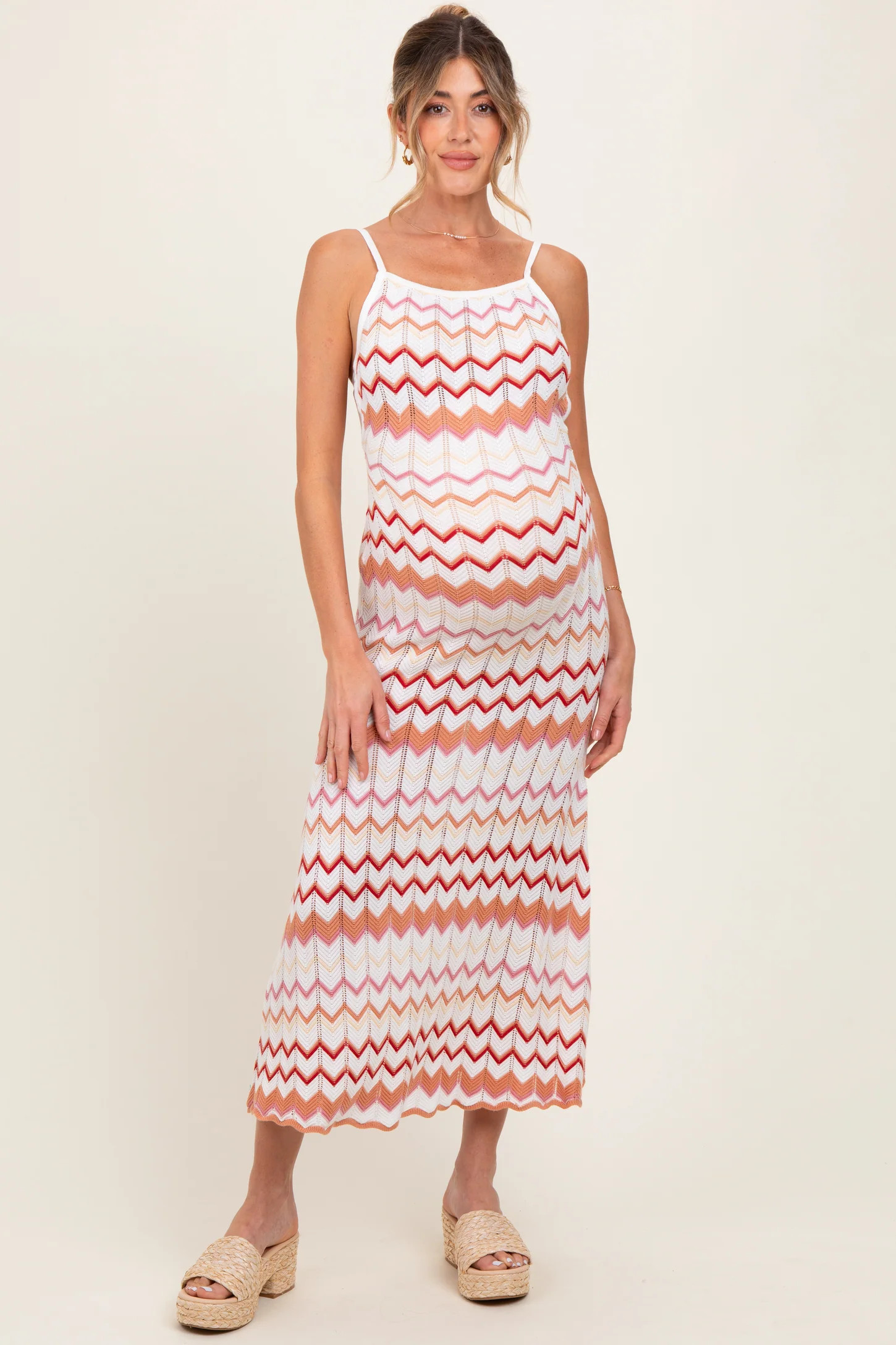 Salmon Pointelle Chevron Knit Open Back Maternity Midi Dress | PinkBlush Maternity