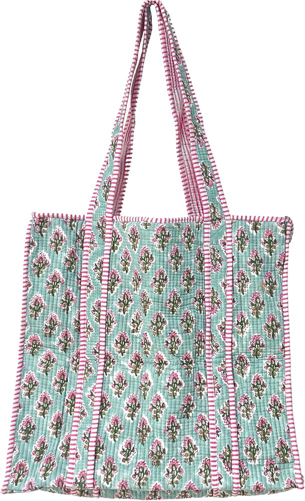 ATOSII Women Handblock Print Quilted 100% Cotton Floral Large Shoulder Tote Bag with Pocket, Zipp... | Amazon (US)