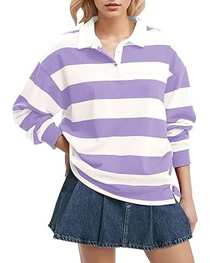 Women Long Sleeve Striped Polo Shirt Oversized Collar Y2k Pullover T Shirt Casual Loose Streetwea... | Amazon (US)