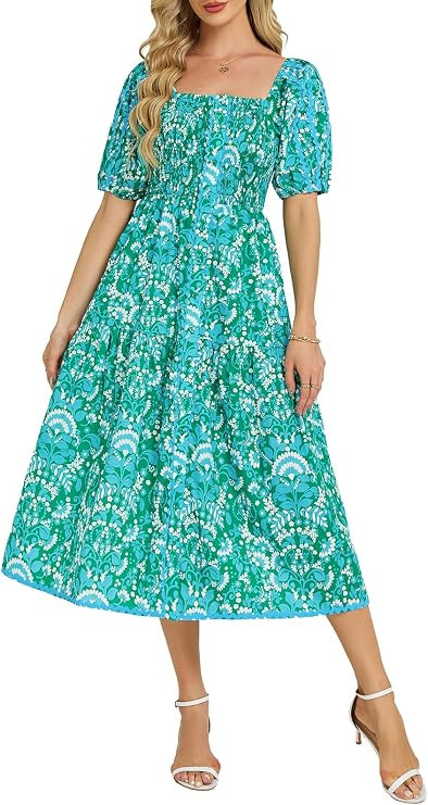 EZAPINE Women's 2026 Summer Boho Floral Print Dress Square Neck Ruffle Swing Beach Vacation Long ... | Amazon (US)