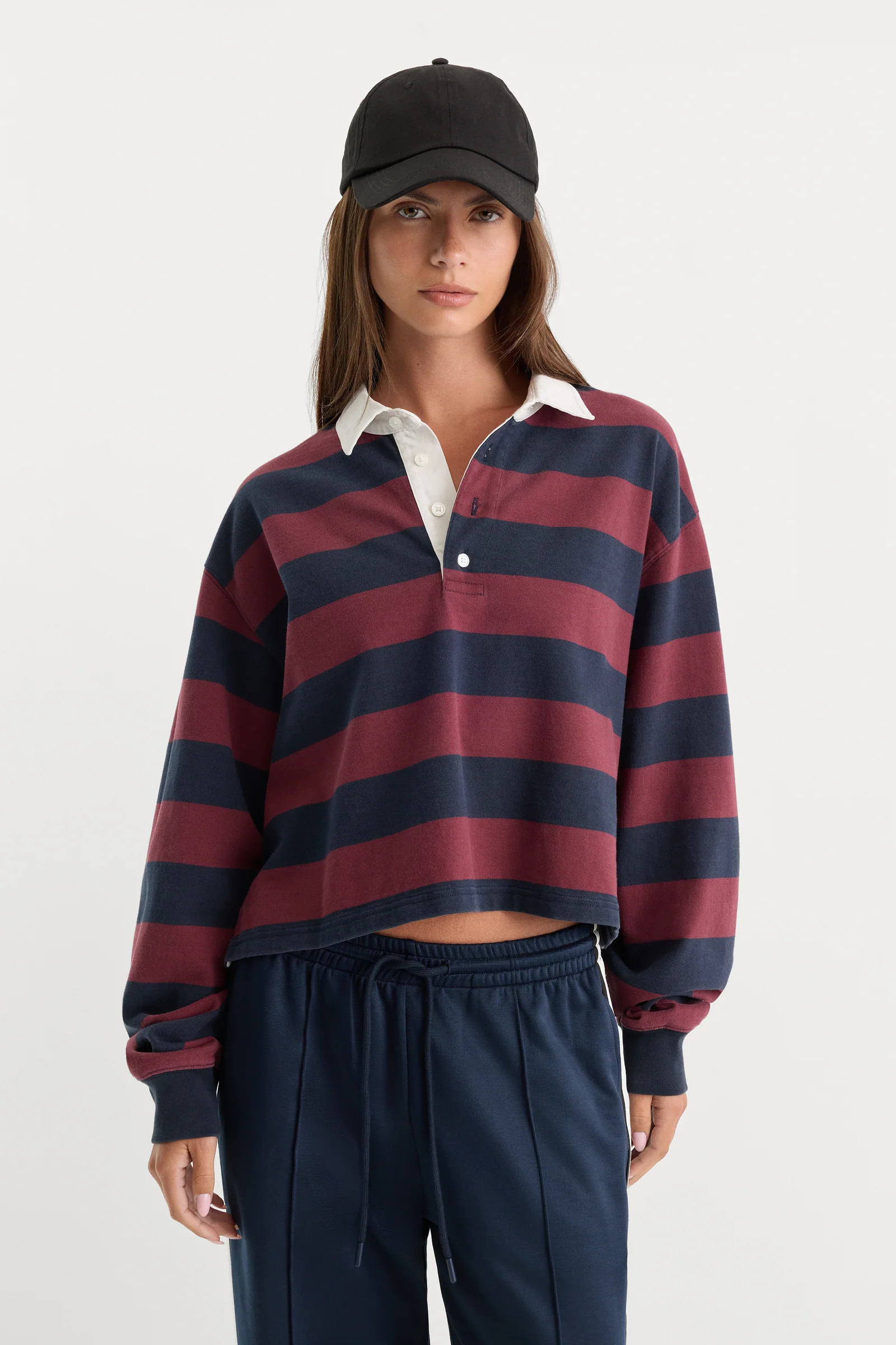 THE CROPPED RUGBY POLO | NAVY BERRY NOIR BLOCK STRIPE | Good American