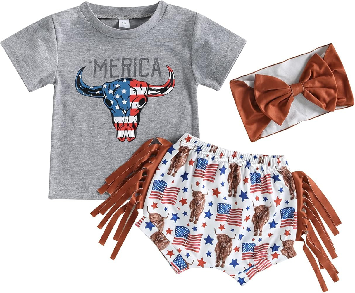 4th of July Baby Girl Outfits Letter Print Tassel Short Sleeve T-Shirt Shorts Headband Set Fourth... | Amazon (US)