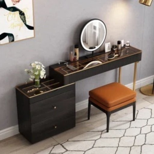 This dark wood makeup vanity from Wayfair has such a cool dressing-room feel. The glass top lets you see the organized compartments underneath, while the drawer storage and built-in power outlet keep the everyday makeup and hair tools from taking over the counter. I really like the mix of the dark finish with slim gold-tone legs, especially styled with the round lighted mirror, cognac stool, and neutral geometric rug. It’s currently shown at $630 and included in Wayfair’s Bundle & Save offer. #WayfairFinds

#LTKSaleAlert #LTKHome