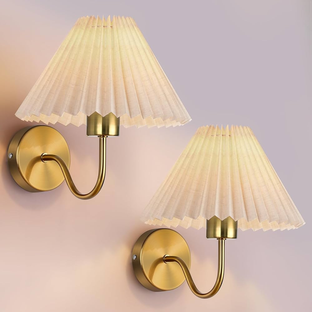 Gold Wall Sconces Sets of 2, Indoor Wall Light Fixtures with Fabric Lampshade, Pleated Fabric Wal... | Amazon (US)
