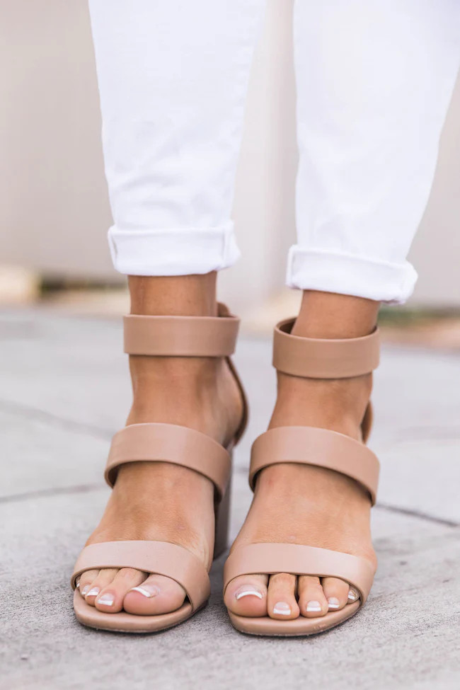 Brynn Tan Triple Strap Wood Heels | Pink Lily